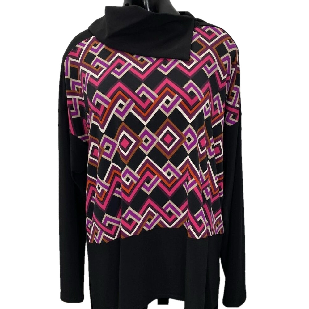 NEW JOSEPH RIBKOFF Women's Cowl Neck Pullover Top Black/Pink Size 10 – Geometric